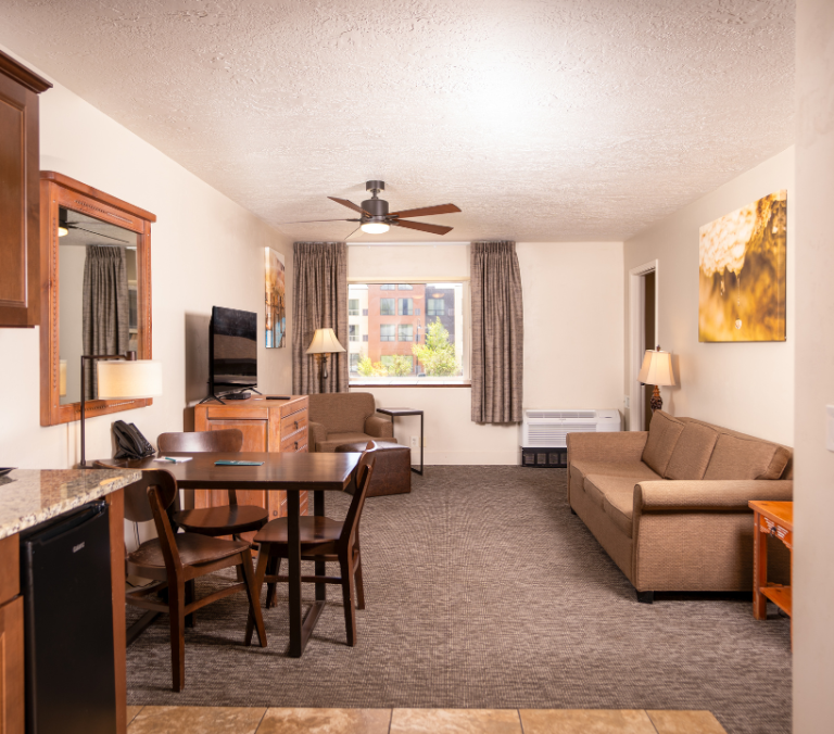 A combined kitchenette, dining table, and living room features a sofa, television, and ceiling fan within a modern suite with an urban window view.