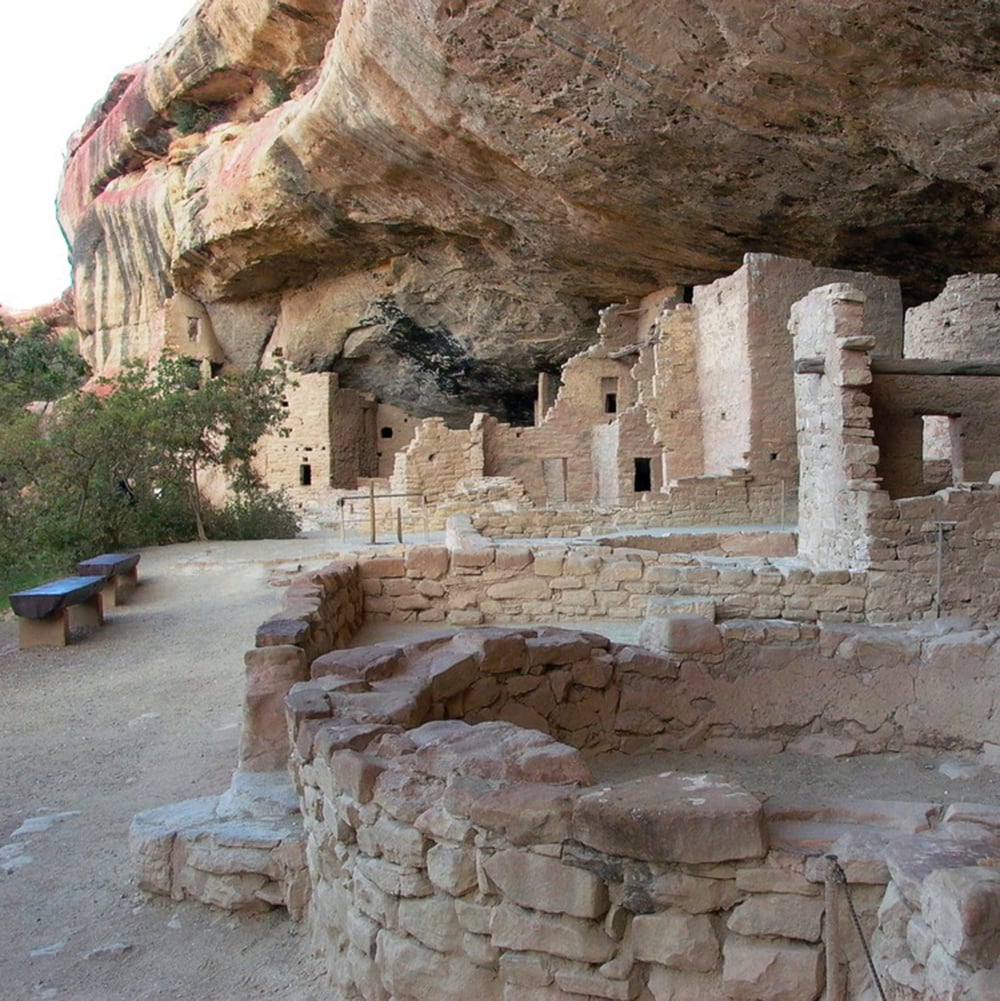 Ancient pueblo stone dwellings nestle under a massive rock overhang. A dirt path with benches leads to the ruins, featuring stone walls in a desert canyon.