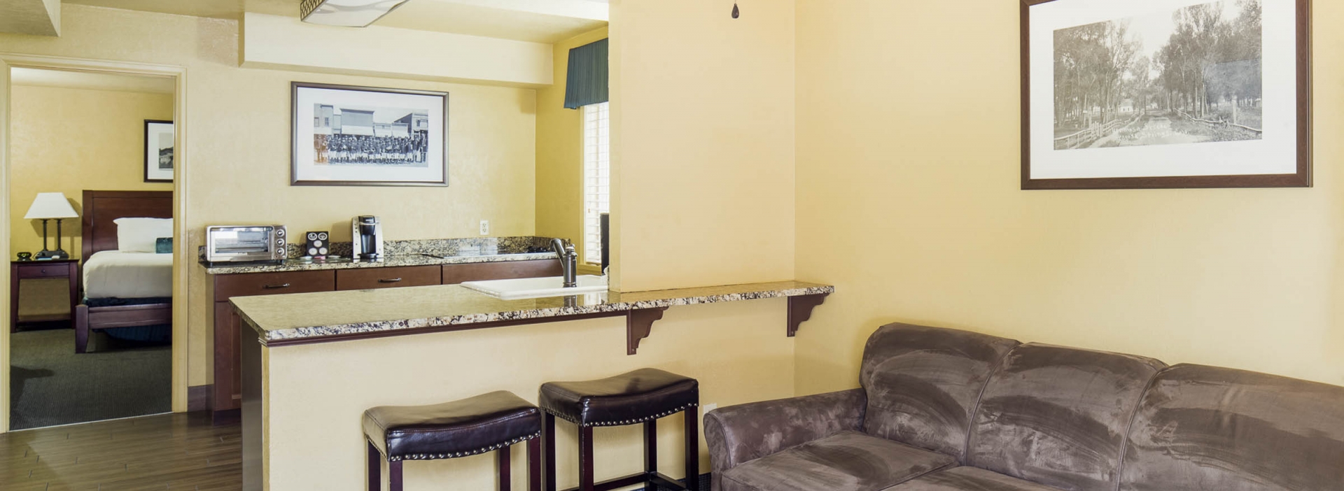 The kitchen overlooking the living room area in the Mountain King