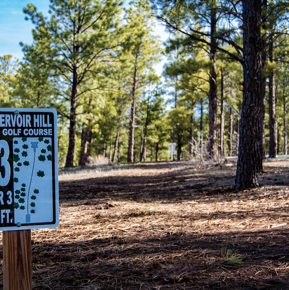 A disc golf sign, reading 