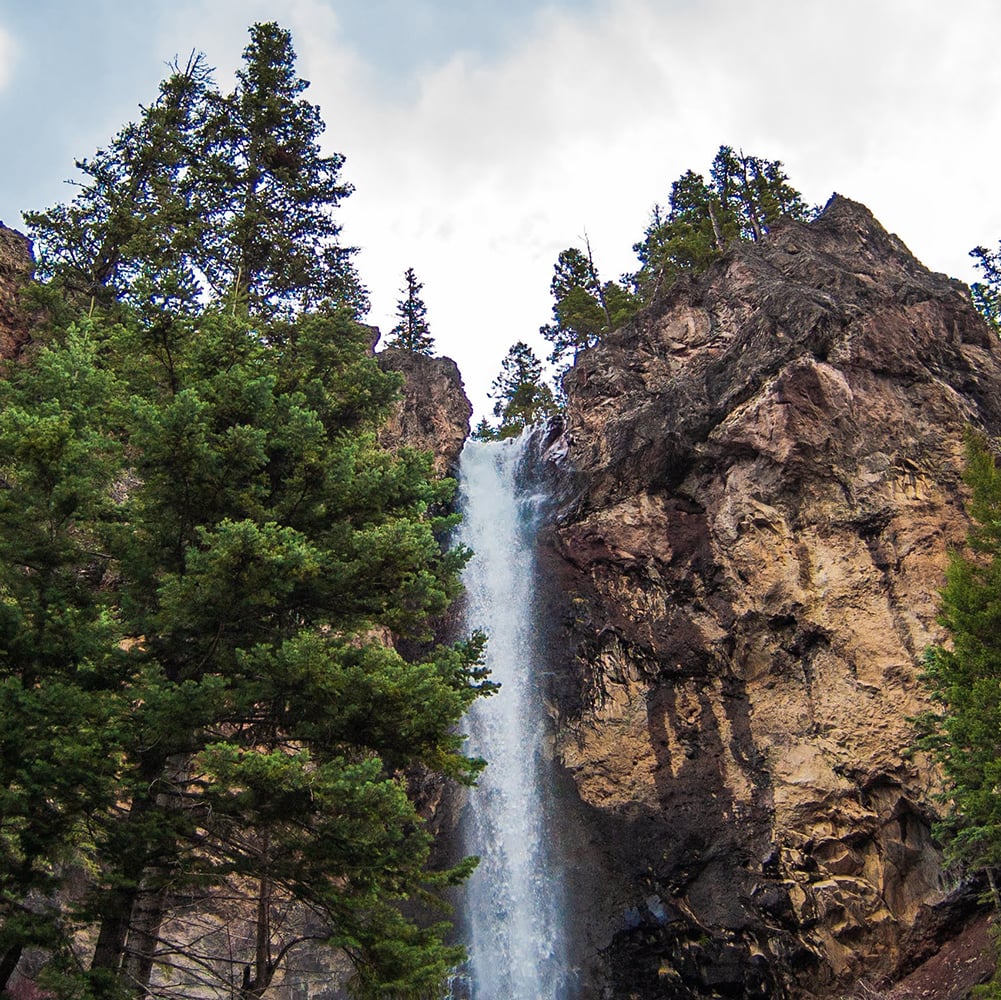 A tall waterfall plunges down rugged brown cliffs, framed by dense green pine trees under a cloudy sky.