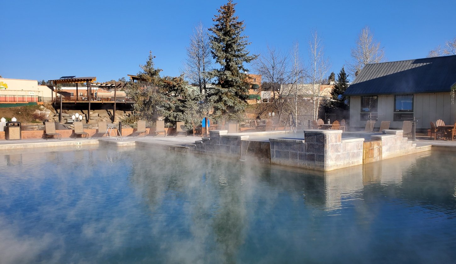 Outdoor view of the hot spring pool on top of a regular pool