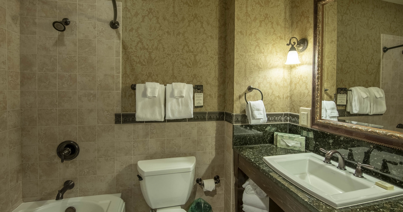 Condo Suite bathroom with a large bathtub, toilet next to the marble bathroom countertop and ornate mirror