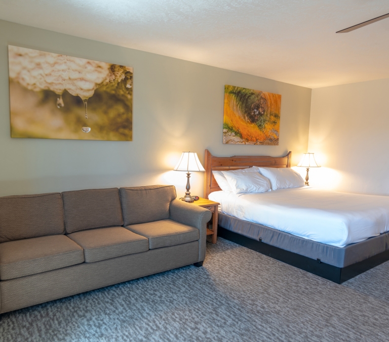 A brown sofa and a neatly made bed with white linens are illuminated by bedside lamps. Abstract art adorns the pale walls of this carpeted room.