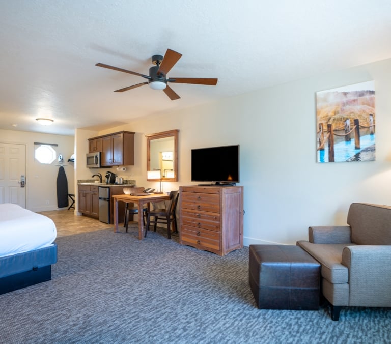 A modern studio apartment is furnished with a bed, kitchenette, dining area, TV, and armchair, all on patterned carpet. A ceiling fan is overhead.