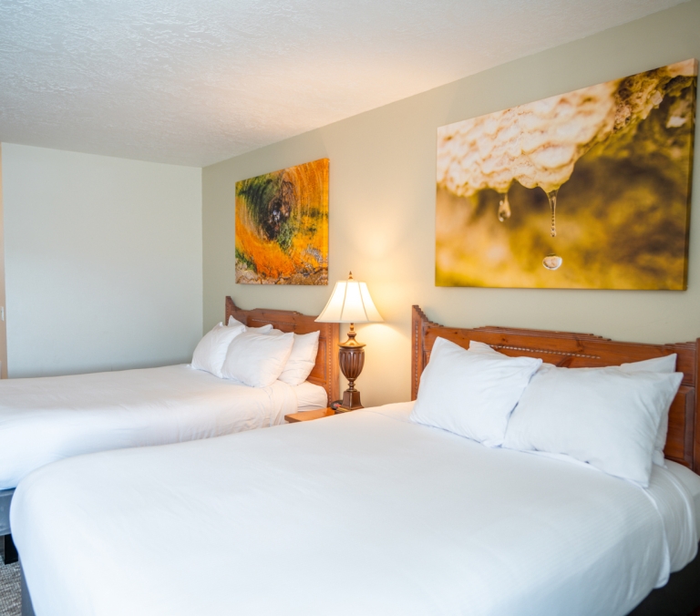 Two double beds are neatly made with white linens and pillows. A bedside lamp is between them, under two framed nature artworks on a light green wall.