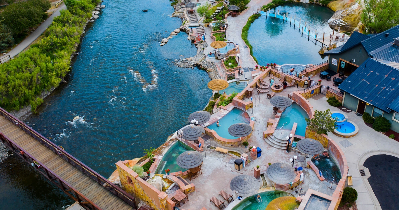 Aerial view of The Relaxation Terrace and San Juan River from The Springs Resort