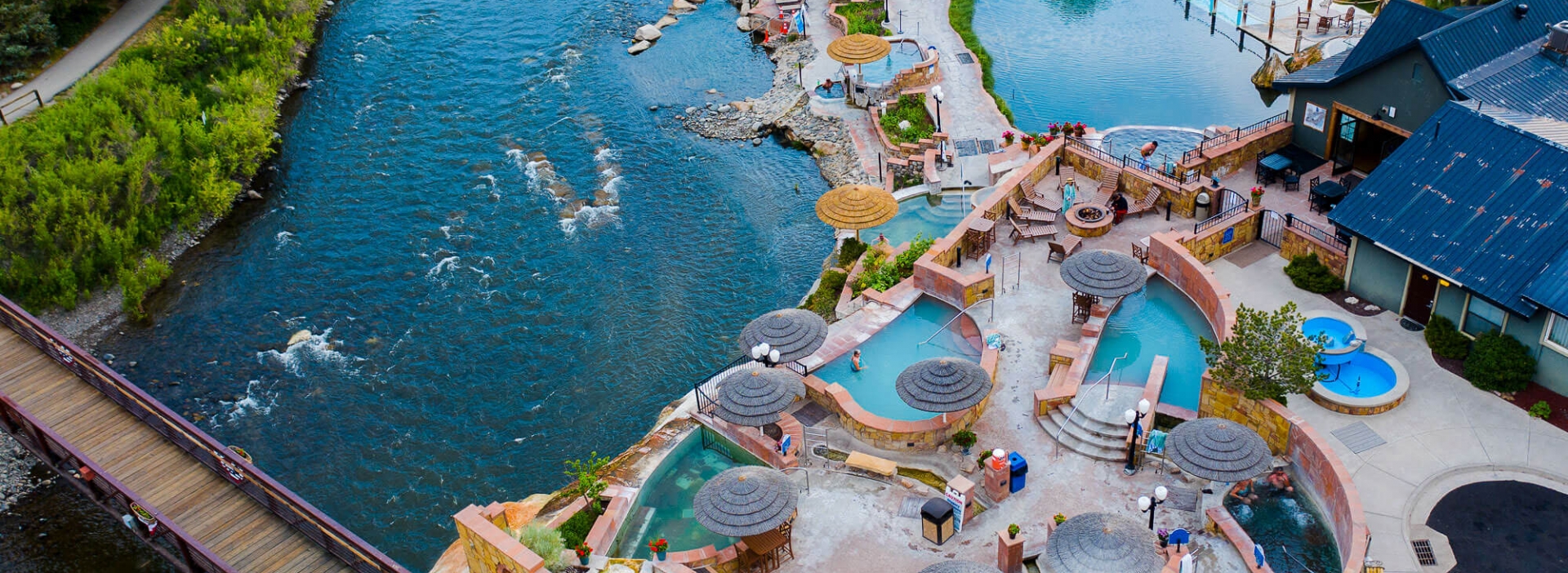 Aerial view of The Relaxation Terrace and San Juan River from The Springs Resort
