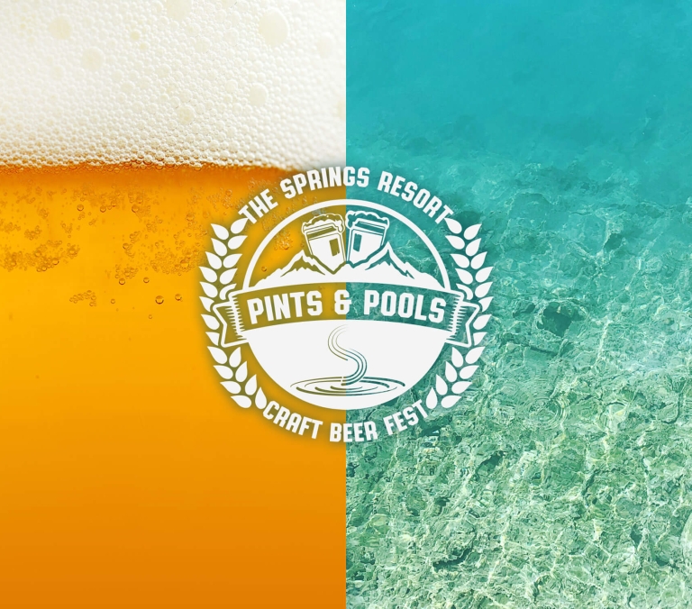 A white circular emblem, featuring beer mugs, mountains, and a ripple, overlays a background split between foamy beer and clear blue water.
Text: THE SPRINGS RESORT PINTS & POOLS CRAFT BEER FEST