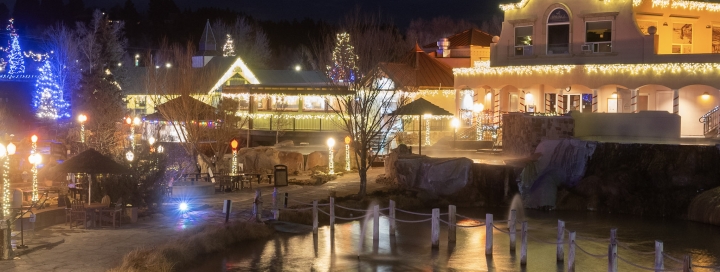 A resort complex, illuminated by festive yellow and blue lights, reflects in a wide pond. 'THE SPRINGS' is on the main building, all under a dark night sky.