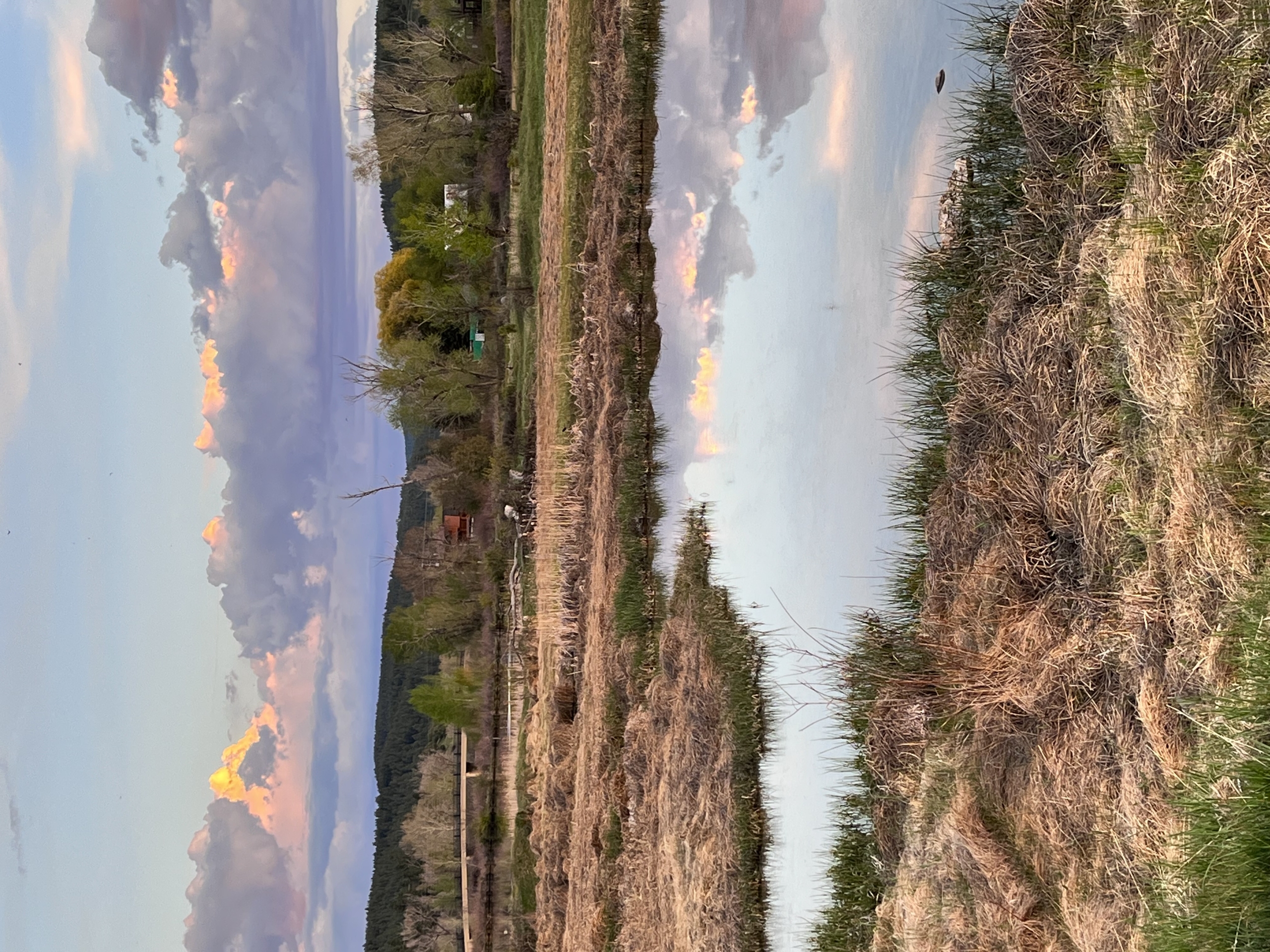 A narrow body of water reflects a cloudy sky with orange and blue hues. Dry grassy banks frame the water, with distant trees, buildings, and hills under the colorful sky.