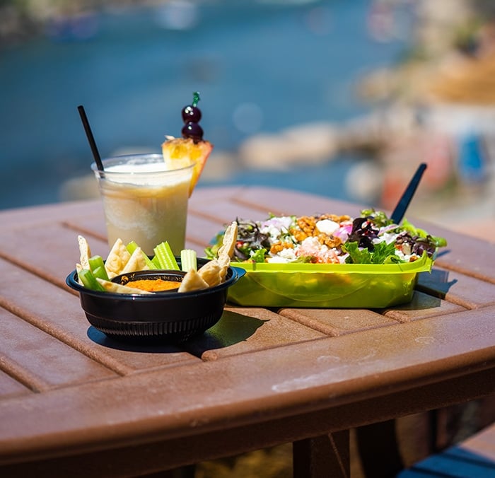 A salad, dip with celery and crisps, and a blended drink sit on a brown outdoor table, overlooking a blurred blue river under sunlight.