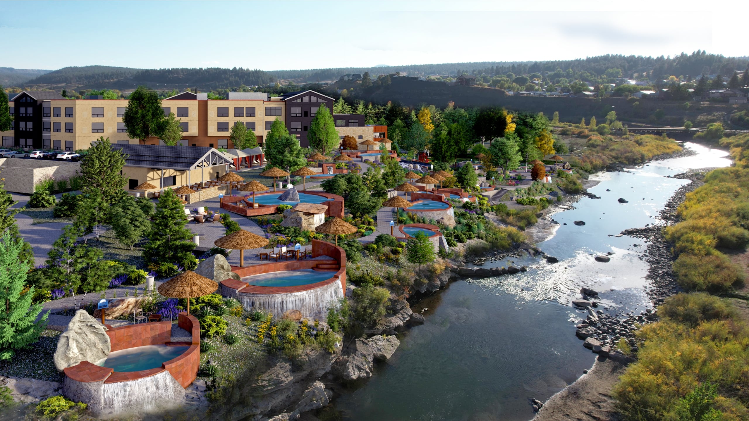 A terraced resort complex features multiple pools with waterfalls cascading down a lush hillside towards a winding river. A hotel stands above. Text: Pool Rules.