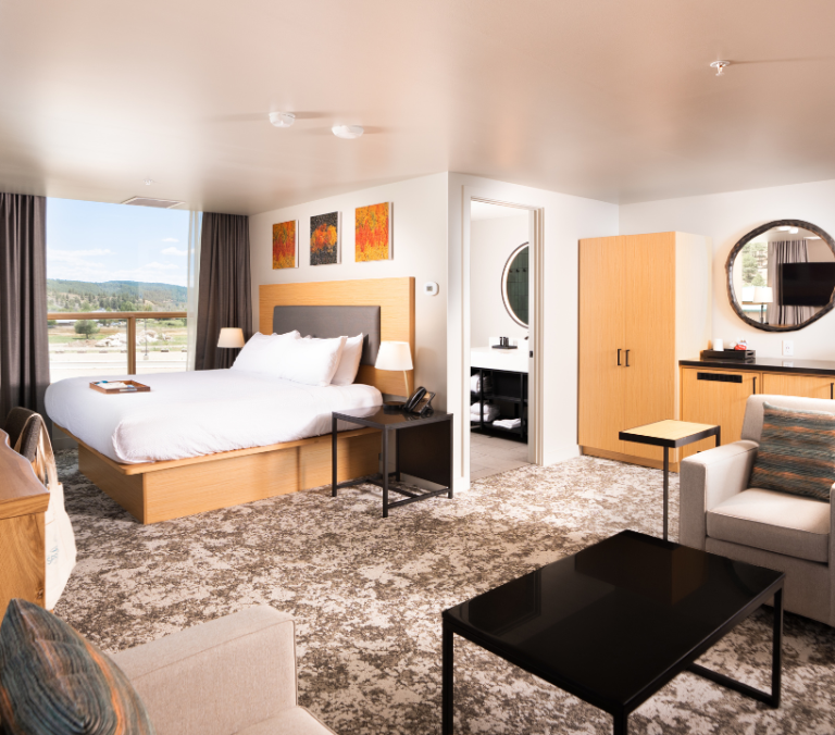 A spacious, modern hotel suite features a king bed, desk, and seating area. Large windows overlook a tree-lined valley, with a bathroom entry visible.