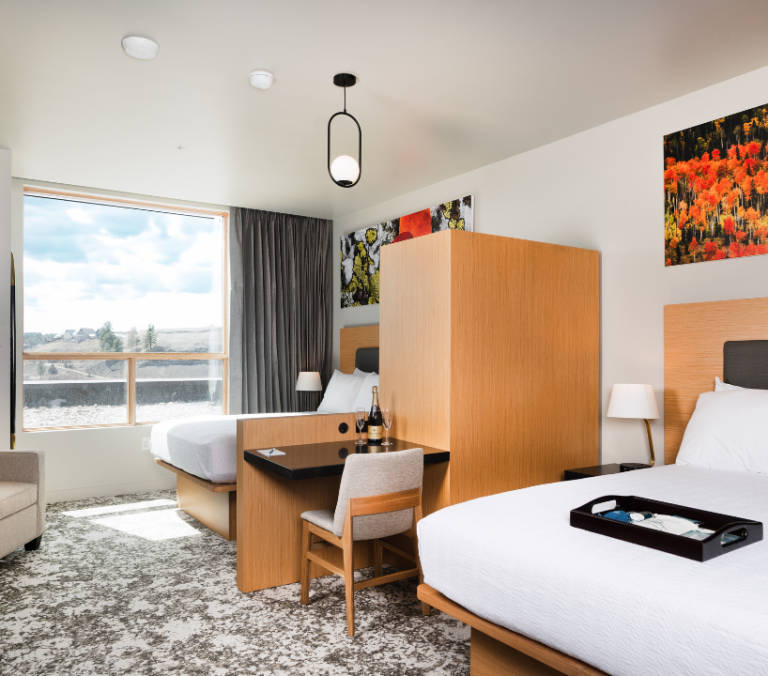 Modern hotel room features two beds, a desk with champagne, and a large window overlooking a hilly landscape under a blue sky.