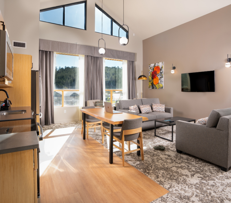 Modern open-concept living area featuring a kitchen, dining table with a laptop, and a living room with grey sofas and a TV, overlooking large windows.