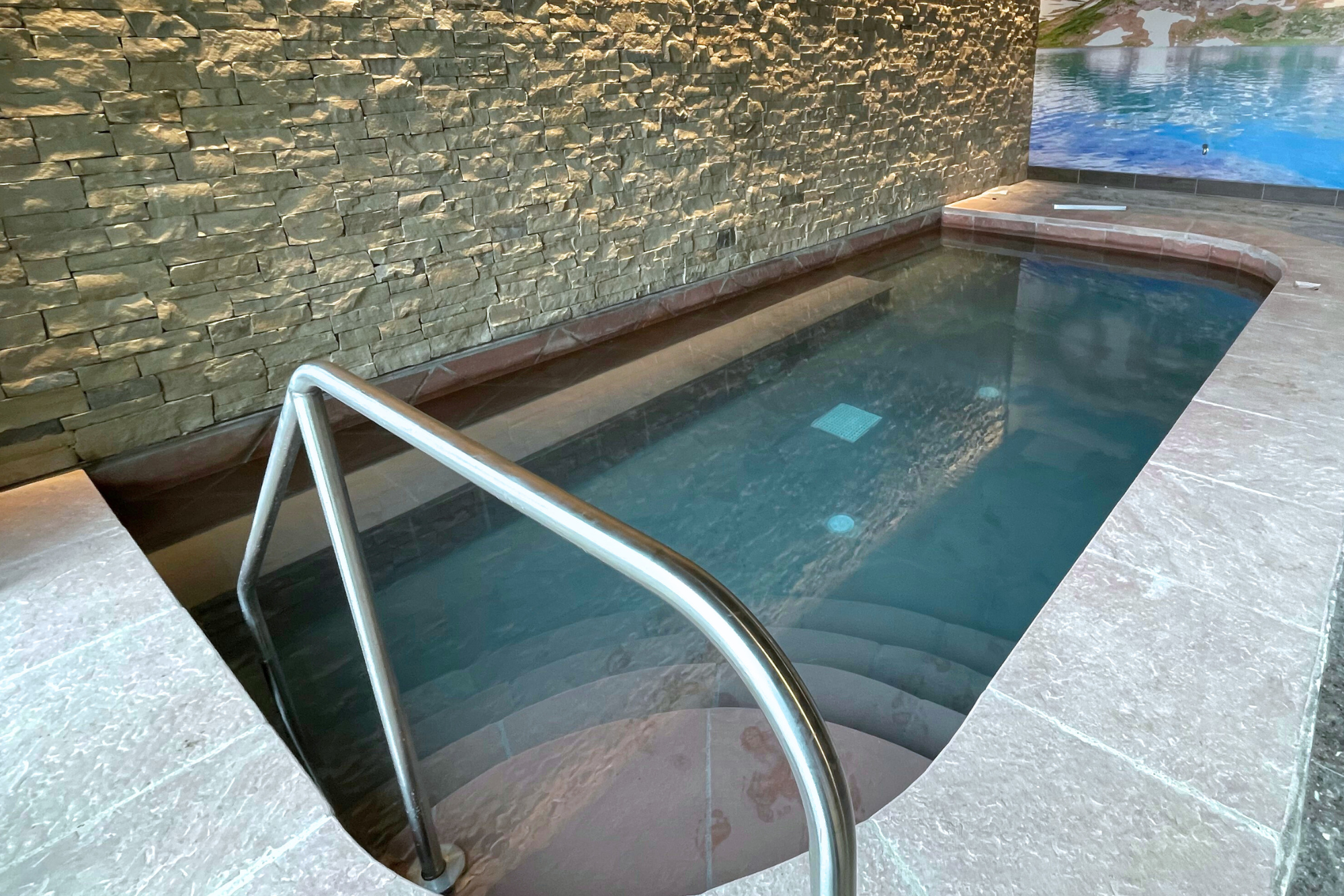 A small, dark-water pool with tiled steps and a metal handrail, bordered by a stone-textured wall on one side and a lake mural on the other.
