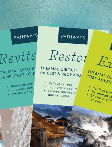 Collection of wellness brochures highlighting relaxation, restoration, and exploration at The Spring.