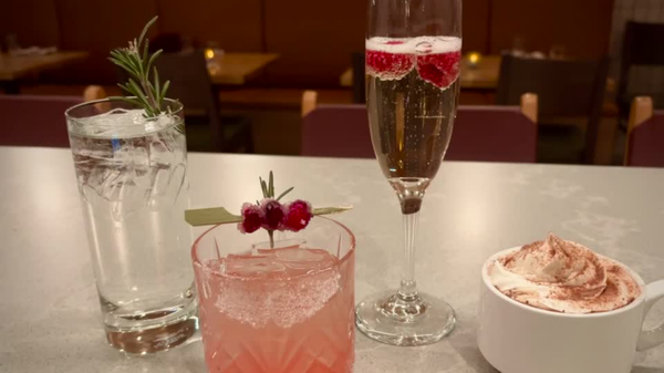 Four diverse beverages, including a gin and tonic, pink cocktail with cranberries, raspberry champagne, and hot chocolate, stand on a table in a restaurant.