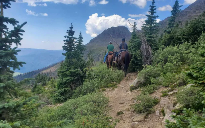 Two riders on horseback ascend a dirt trail through a coniferous mountain forest. A large peak rises under a cloudy sky in the background.