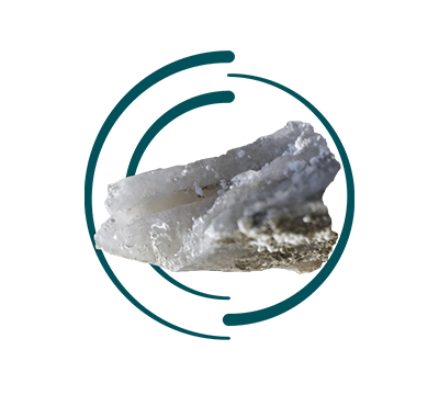 A jagged, translucent white crystalline mineral rests within a teal circular graphic on a white background.