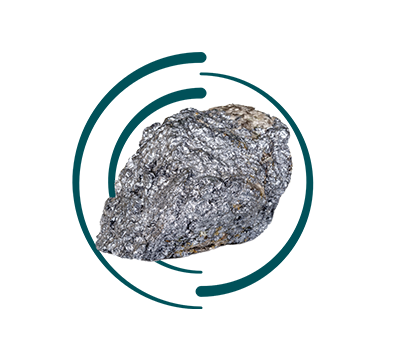 A metallic, silvery-grey, textured rock sits within two incomplete dark teal circular arcs on a white background.