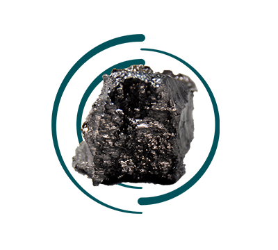 A rough, dark metallic chunk is centered within two incomplete teal arcs on a white background.