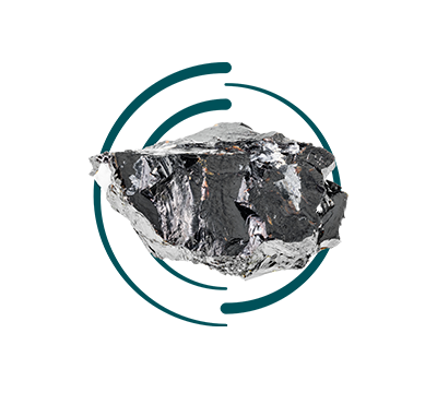 A dark, irregularly shaped, shiny mineral chunk rests against a white background, partially encircled by two teal curved lines forming an incomplete circle.