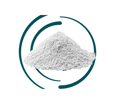 A mound of fine white powder sits within an abstract graphic of two incomplete, concentric teal rings on a white background.