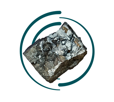 A dark grey, flaky, metallic mineral specimen is angled within two incomplete teal arcs against a white background.
