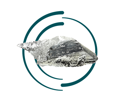 A jagged, silvery-grey mineral specimen is positioned horizontally, framed by two broken, teal circular arcs on a white background.