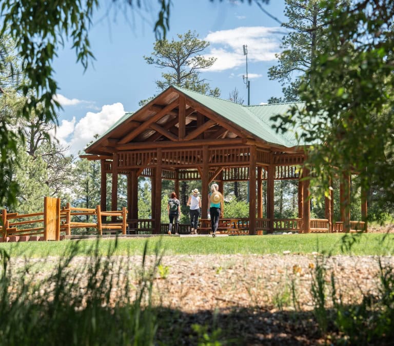 Three women walk past a large wooden gazebo with a green roof on green grass, surrounded by pine trees under a blue, cloudy sky.