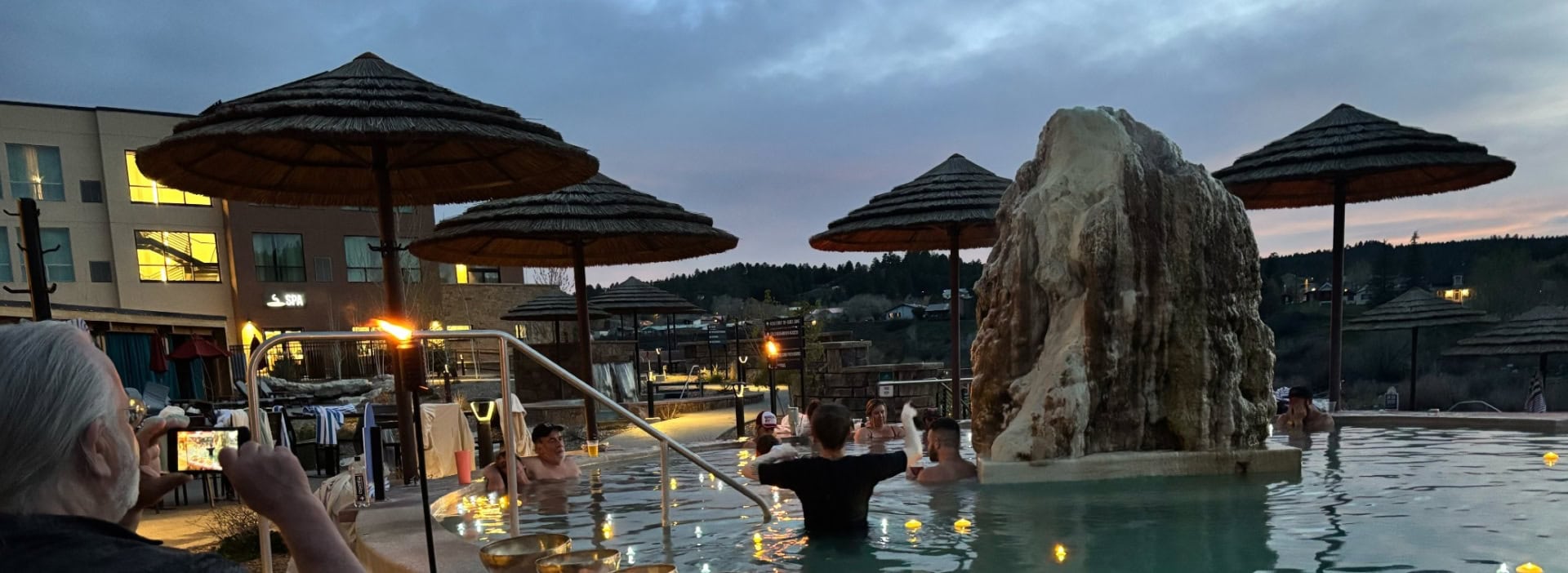 Relaxing in the hot springs pool at The Springs Resort, Pagosa Springs, Colorado.