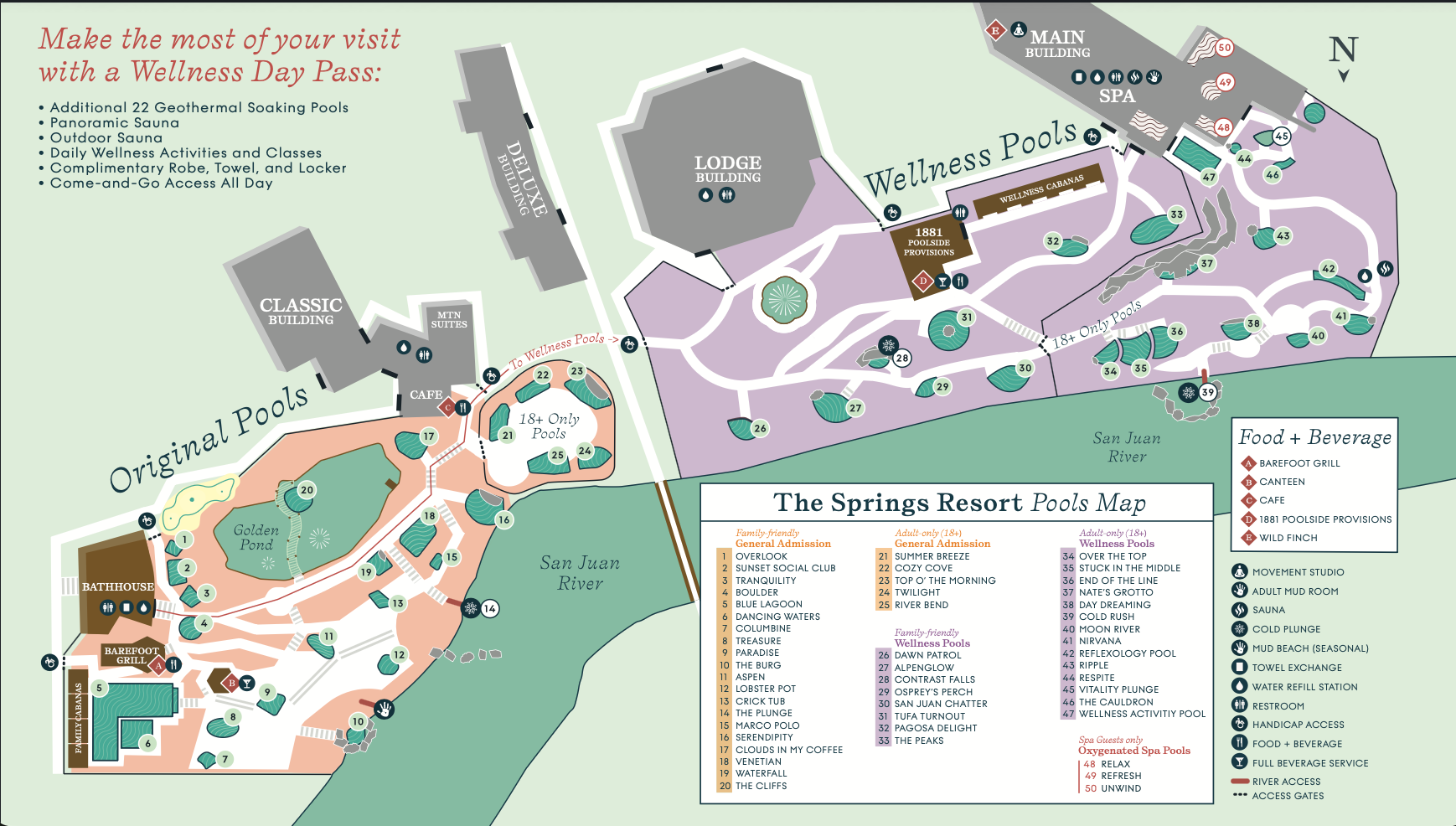 A colorful map details The Springs Resort pool layout, showcasing "Original Pools" and "Wellness Pools" amidst buildings and the San Juan River.